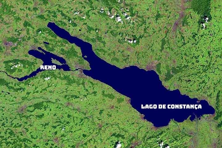 Com uma superfície de cerca de 536 km², o lago é formado pelo rio Reno e serve como um importante recurso para abastecimento, turismo e atividades recreativas. Reprodução: Flipar