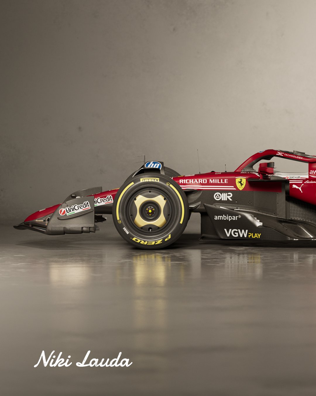 Detalhes da pintura especial da Ferrari remetem ao carro utilizado por Niki Lauda em 1975. Foto: Reprodução/Scuderia Ferrari