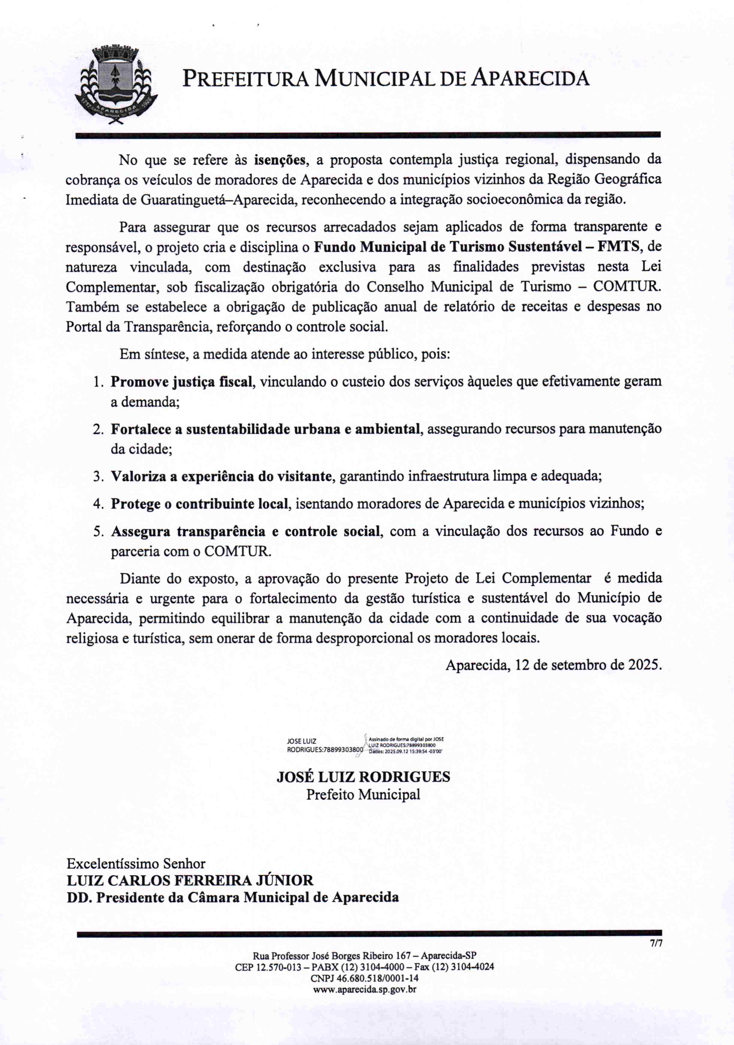 8- Projeto de Lei Complementar nº 004/2025 que cria a Taxa de Turismo Sustentável em Aparecida (SP). Foto: Prefeitura de Aparecida