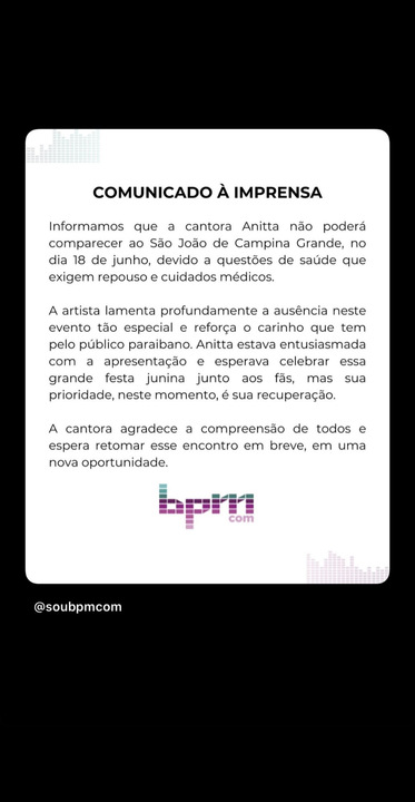 Pronunciamento da equipe de Anitta. Foto: Reprodução: Instagram/@anitta