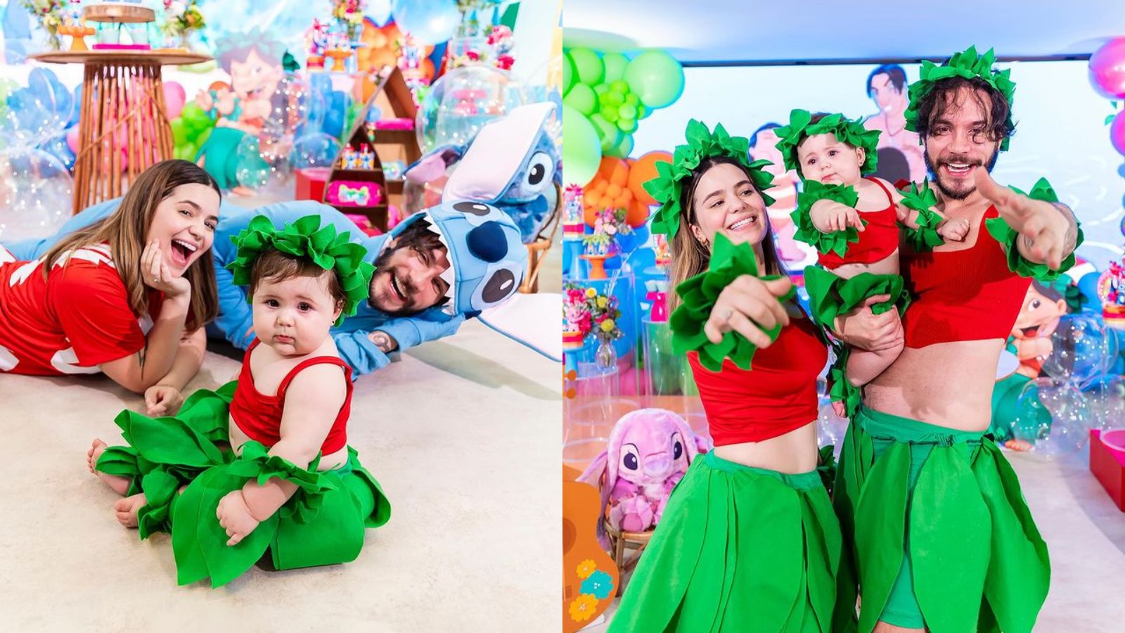 9º mês - O nono mês de vida de Lua rendeu uma festa temática de outra animação, ‘Lilo & Stitch’. O casal se fantasiou como os protagonistas e depois copiou o visual havaiano da bebê para as fotos. . Foto: Reprodução/Instagram - 09.04.2024