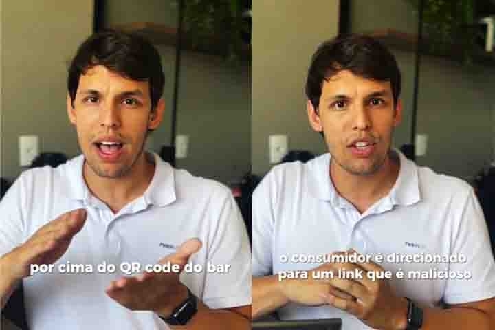 No vídeo, o advogado relata que criminosos têm utilizado o recurso para aplicar golpes ao substituir o QR code original do estabelecimento comercial por um falso.
 Reprodução: Flipar