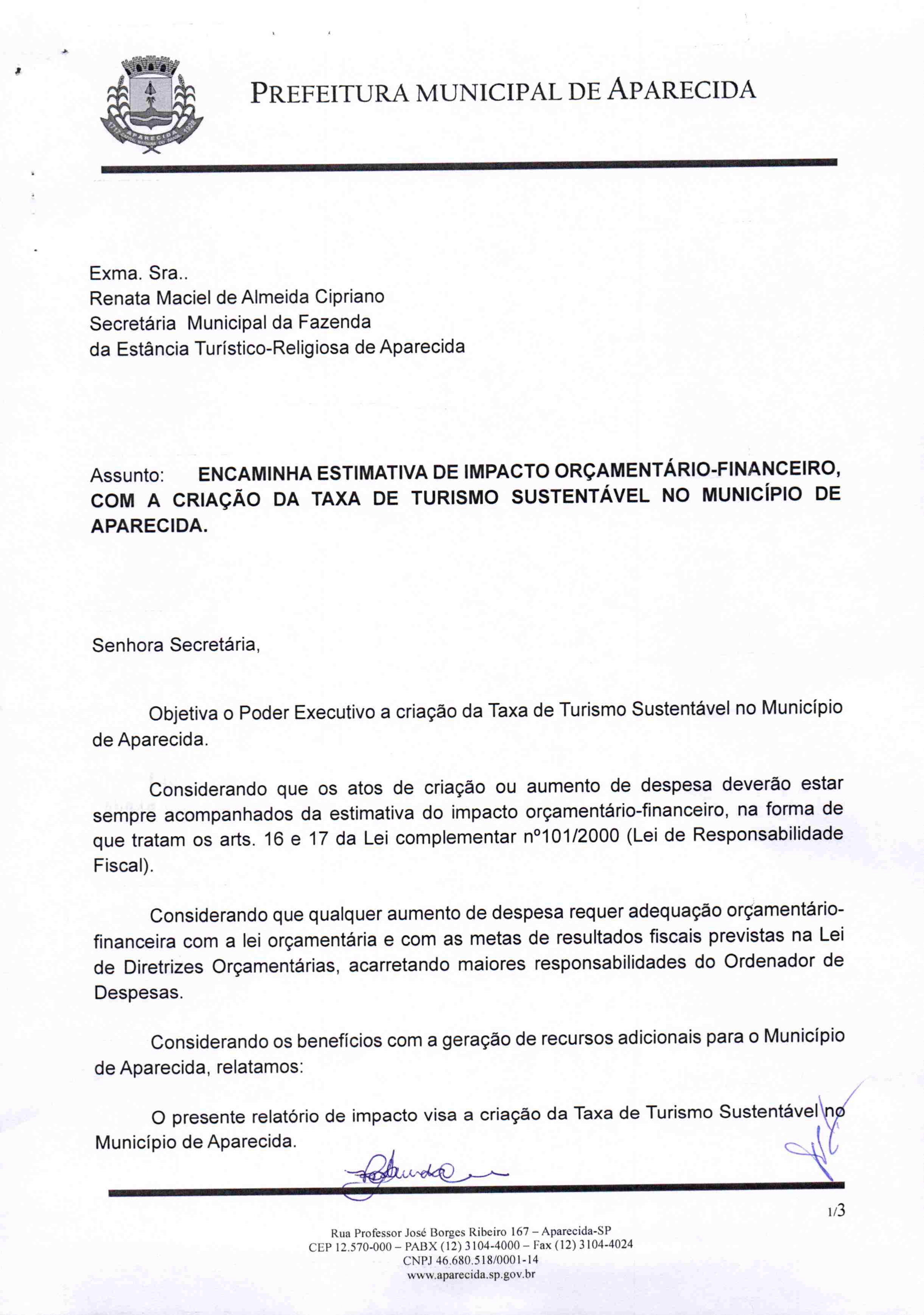 9- Projeto de Lei Complementar nº 004/2025 que cria a Taxa de Turismo Sustentável em Aparecida (SP). Foto: Prefeitura de Aparecida