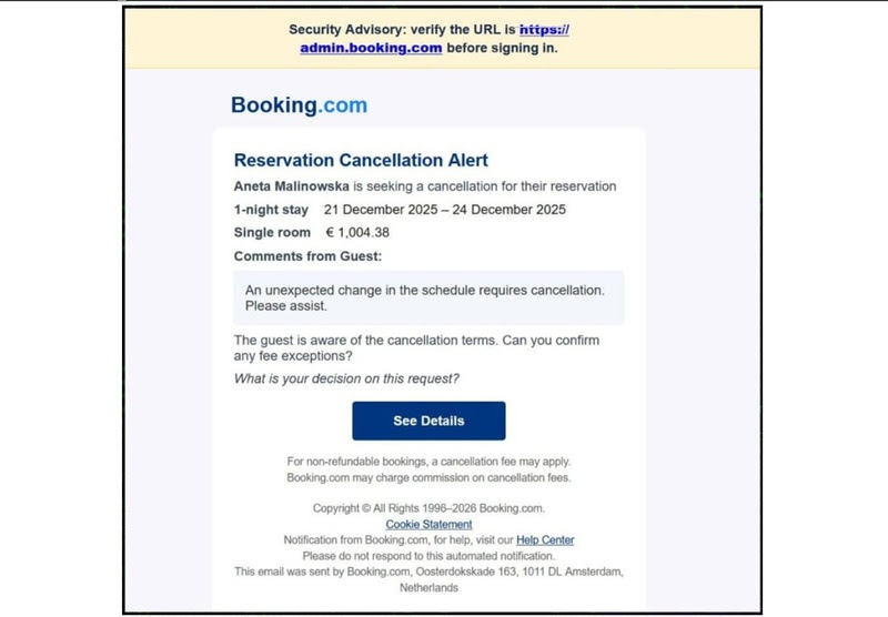 E-mail fraudulento da Booking Divulgação ESET Tecnologia