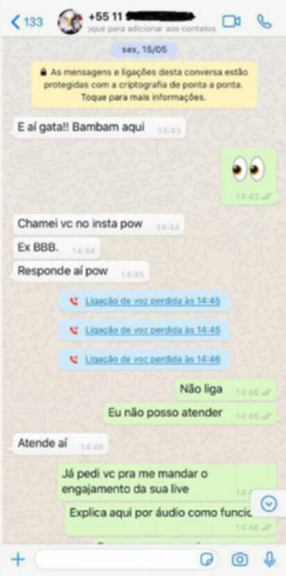 Modelo expõe conversa com Kleber Bambam. Foto: Divulgação