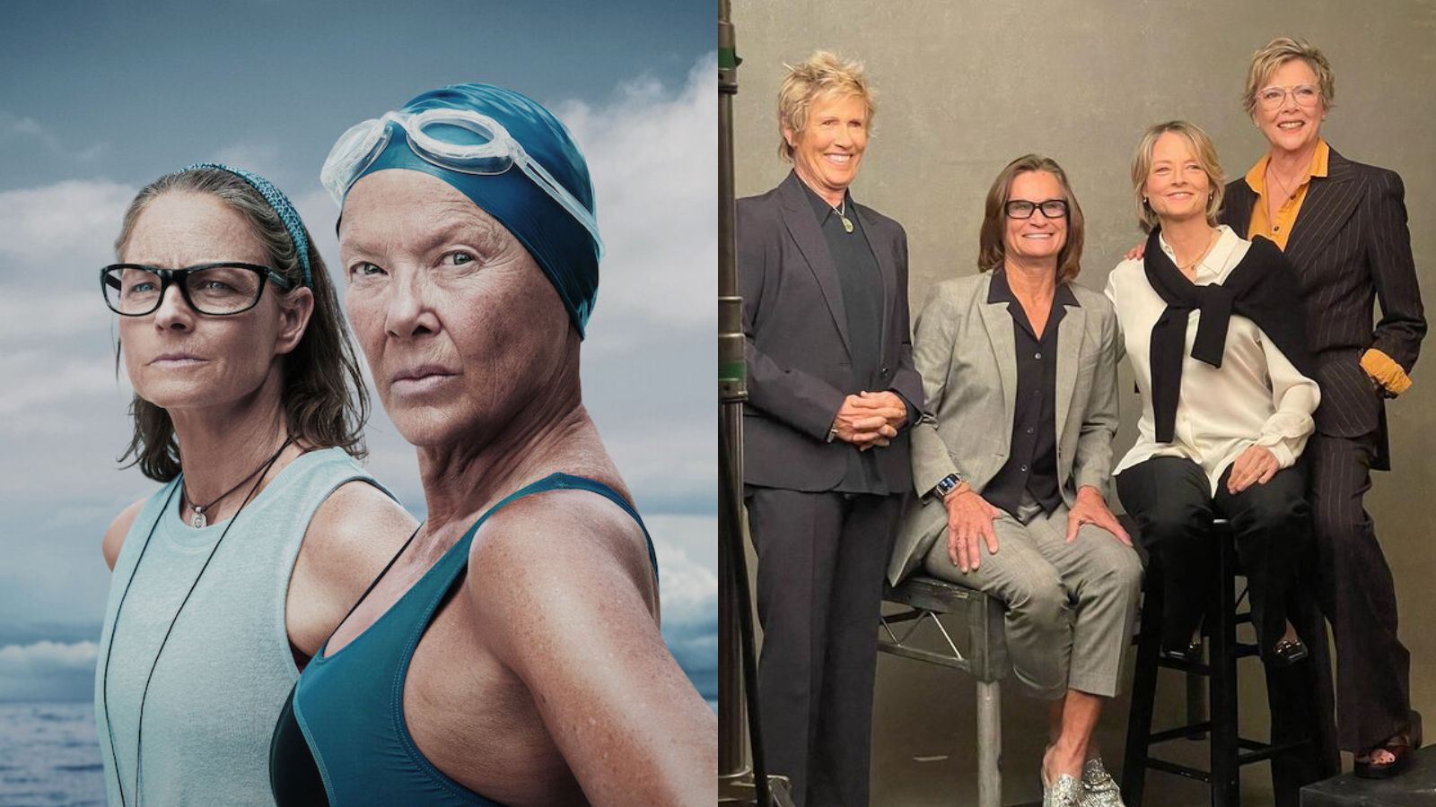 Annette Bening e Jodie Foster em 'Nyad' e com Diana Nyad e Bonnie Stoll, nadadora e treinadora que interpretaram no filme Reprodução/Instagram - 07.03.2024