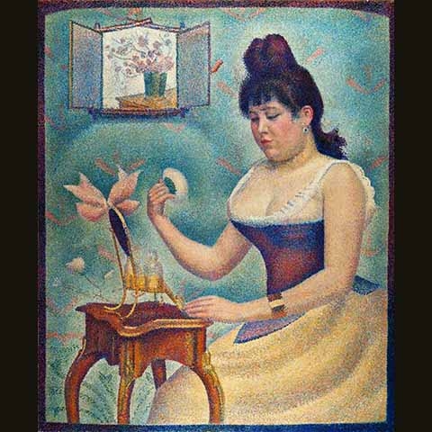 “Jovem maquiando-se”, de Georges Seurat (1890): A obra retrata a amante do artista, Madeleine Knobloch, aplicando pó no rosto, enquanto a técnica pontilhista de Seurat parece preencher o ar com a mesma poeira. Reprodução: Flipar