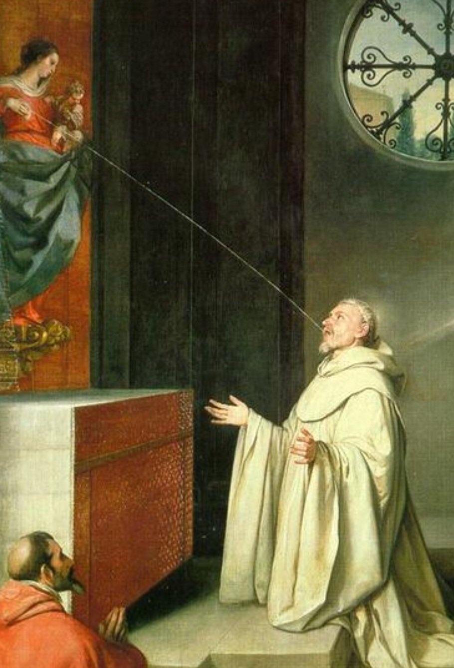 Fundador da Ordem de Cister e ideólogo das cruzadas, o abade Bernardo de Claraval estava ajoelhado diante de uma imagem de Virgem Maria e exclamou: Mostre-me que é uma mãe. A imagem respondeu mandando um potente jato de leite e a sabedoria se multiplicou com a nutrição do líquido. Reprodução: Flipar
