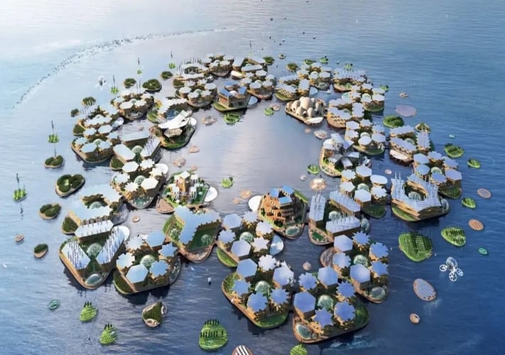 Um projeto que está sendo desenvolvido na Coreia do Sul vai testar a criação de cidades flutuantes para resguardar a população do aumento do nível do mar - uma ameaça que existe em escala global. 
 Reprodução: Flipar
