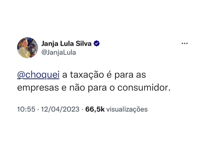 Em abril de 2023, Janja provocou polêmica no caso da taxação de produtos importados ao dizer que a medida afetaria empresas e não os consumidores. Reprodução: Flipar