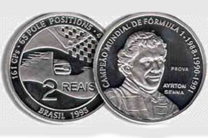 1995: Foram lançadas 10 mil unidades de moedas de R$ 2 lançada em homenagem ao piloto Ayrton Senna. Reprodução: Flipar