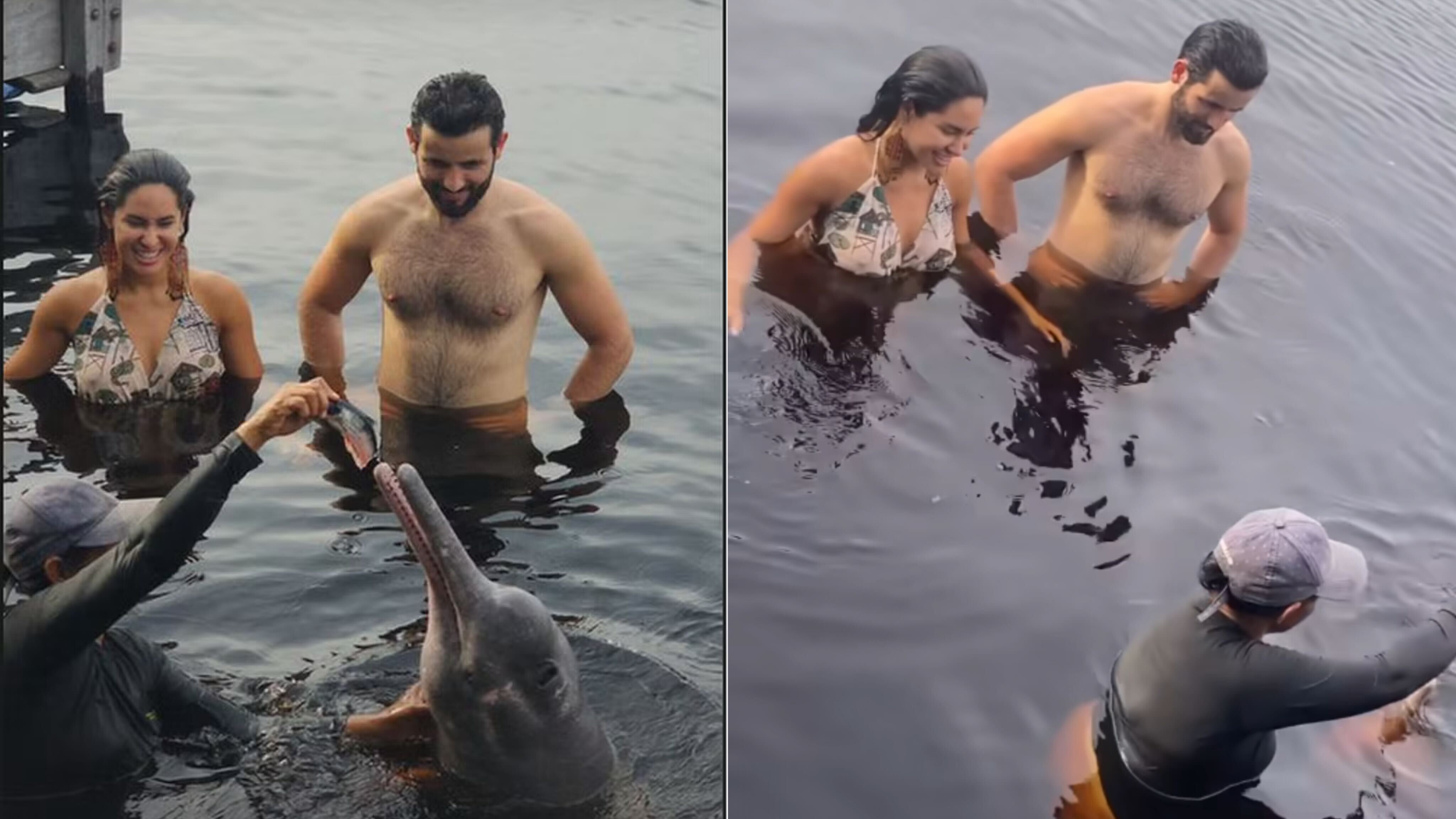 Isabelle e Matteus mergulham com botos no rio amazonas Reprodução Instagram - 6.5.2024