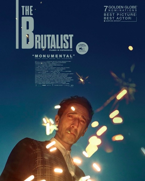 O Brutalista (2025)
Dirigido por Brady Corbet, estrelado por Adrien Brody, Felicity Jones e Guy Pearce.
Este drama épico acompanha um arquiteto húngaro e sua esposa que, após a Segunda Guerra Mundial, migram para os EUA em busca de recomeço, enfrentando desafios pessoais e profissionais.  Reprodução: Flipar