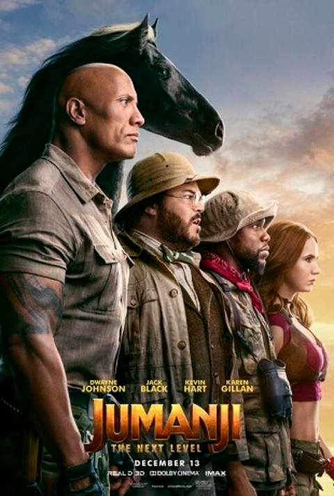 Já o segundo Jumanji com Dwayne Johnson entrou nos cinemas em 2019. E manteve o quarteto de astros principais.  Reprodução: Flipar