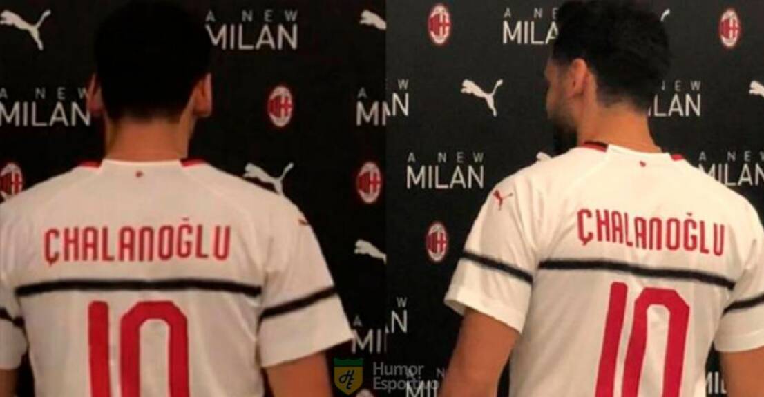 Gafes em camisas dos jogadores: Çalhanoglu virou Çhalanoglu em apresentação no Milan. Foto: Divulgação / Reprodução