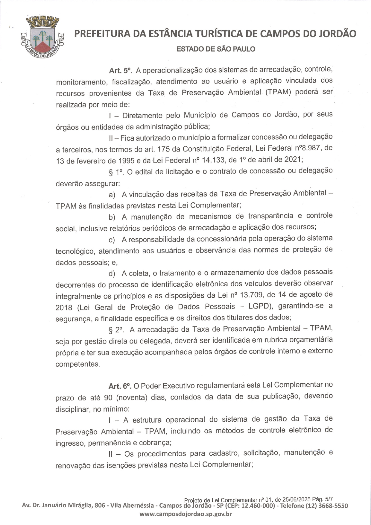 Projeto de Lei Complementar nº 32/2025. Foto: Crédito: Prefeitura da Estância Turística de Campos do Jordão