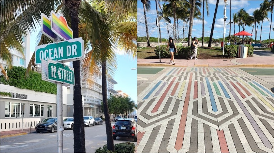 Em frente à rua 12, placas e faixas de pedestres nas cores do arco-íris. É também nesse ponto que a praia é um ponto de encontro da comunidade