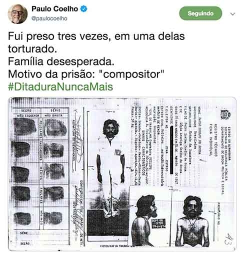 Em 2019, Paulo Coelho relatou que foi torturado durante o período da ditadura militar. A revelação foi uma resposta após o então presidente Jair Bolsonaro relembrar o golpe de 64. Reprodução: Flipar