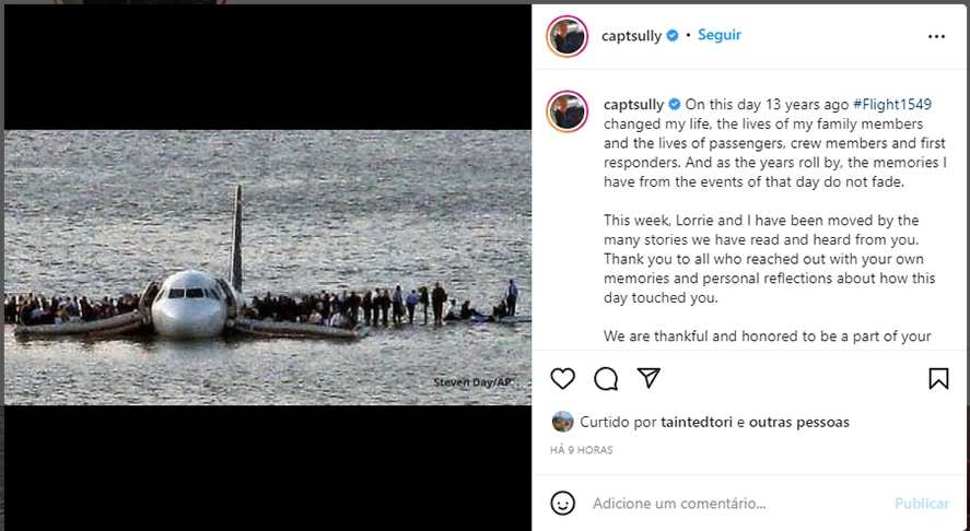 Em 15/1/2022, Sully postou mensagem no Instagram lembrando da data, que, segundo ele, mudou sua vida, a dos passageiros e a dos tripulantes. Reprodução: Flipar