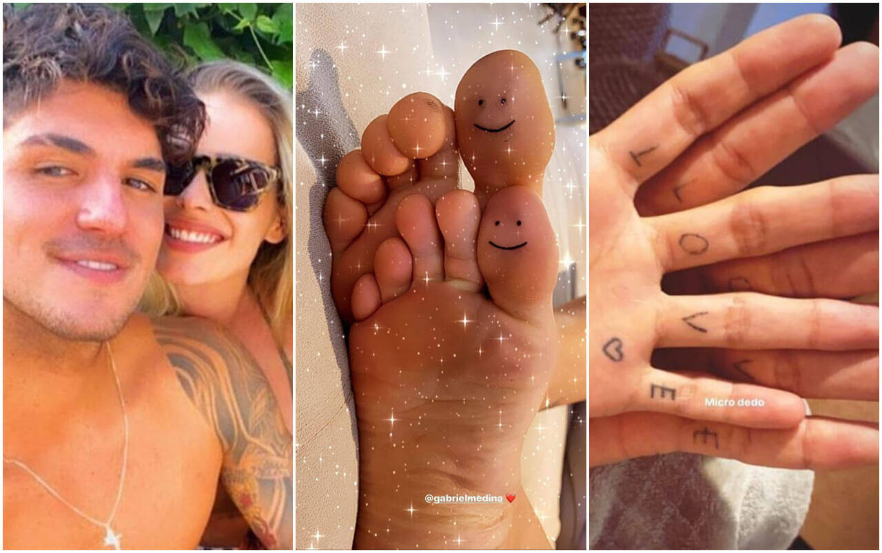 Yasmin Brunet e Gabriel Medina tatuaram uma carinha feliz no pé e a palavra "love" ("amor) na parte interna dos dedos da mão Reprodução/Instagram