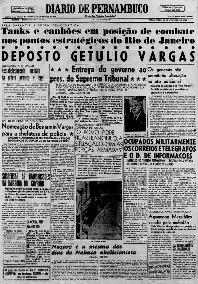 Capa com deposição de Getúlio Vargas da presidência da República, pondo fim ao Estado Novo. Foto: Reprodução/Diário de Pernambuco
