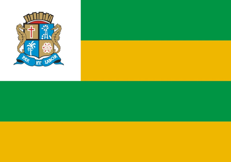 A bandeira de Aracaju, Sergipe, possui um desenho com quatro listras horizontais de mesma largura nas cores verde e ouro intercaladas. Também tem um campo branco com altura e largura equivalente à metade da largura total da bandeira. No centro do campo branco, está o Brasão. Reprodução: Flipar