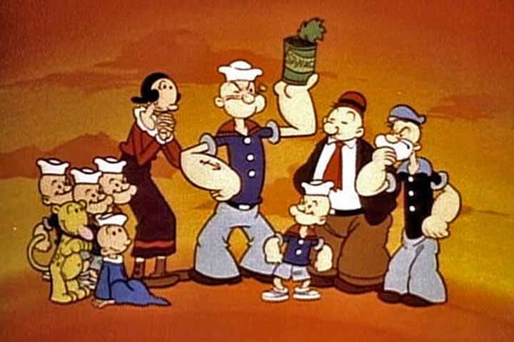 Outros personagens bem conhecidos das aventuras de Popeye são Dudu, que vive a comer hambúrgueres, e o bebê Gugu. 
 Reprodução: Flipar