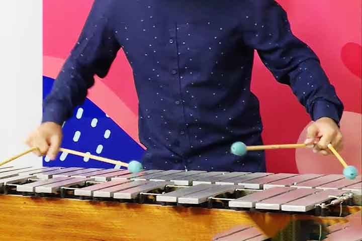 Glockenspiel: Teclas metálicas tocadas com baquetas, emitindo som brilhante e agudo. Inspirado em sinos e desenvolvido na Alemanha no século XVIII. Complementa melodias com brilho cristalino Reprodução: Flipar