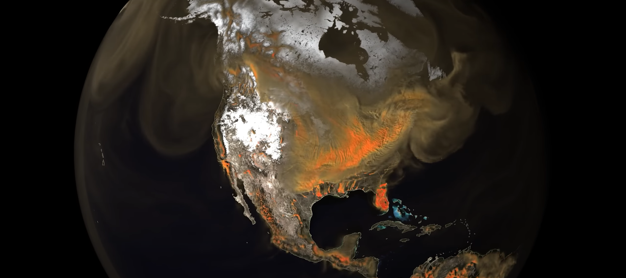 Nasa revelou imagens de uma novem de CO2 (dióxido de carbono) que se move sobre a Terra na última quarta-feira (24). Reprodução / Nasa