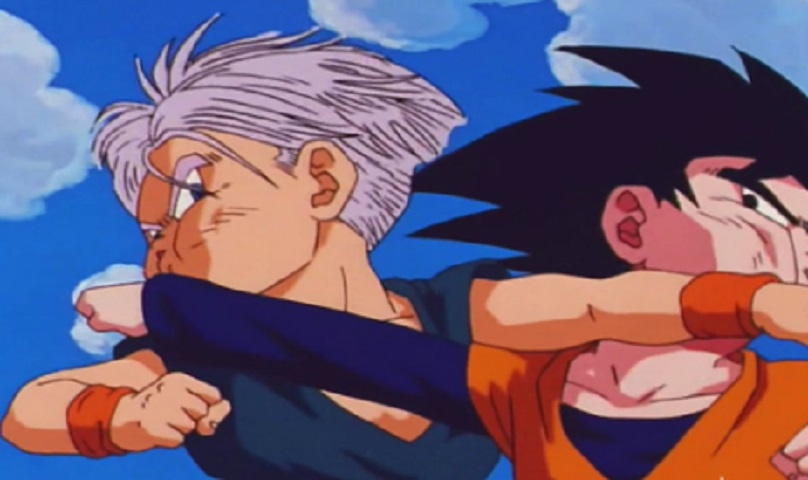 Goten vs Trunks - Anime: Dragon Ball Z - Trunks é filho de Vegeta e Goten é filho de Goku e como não podia ser diferente, ambos nutrem uma rivalidade e um instinto de luta entre eles, mesmo sendo melhores amigos.  Reprodução: Flipar