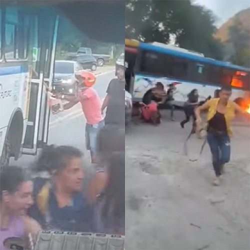 Em algumas imagens compartilhadas nas redes sociais, é possível ver um ônibus sendo incendiado com dezenas de pessoas ainda dentro. 
