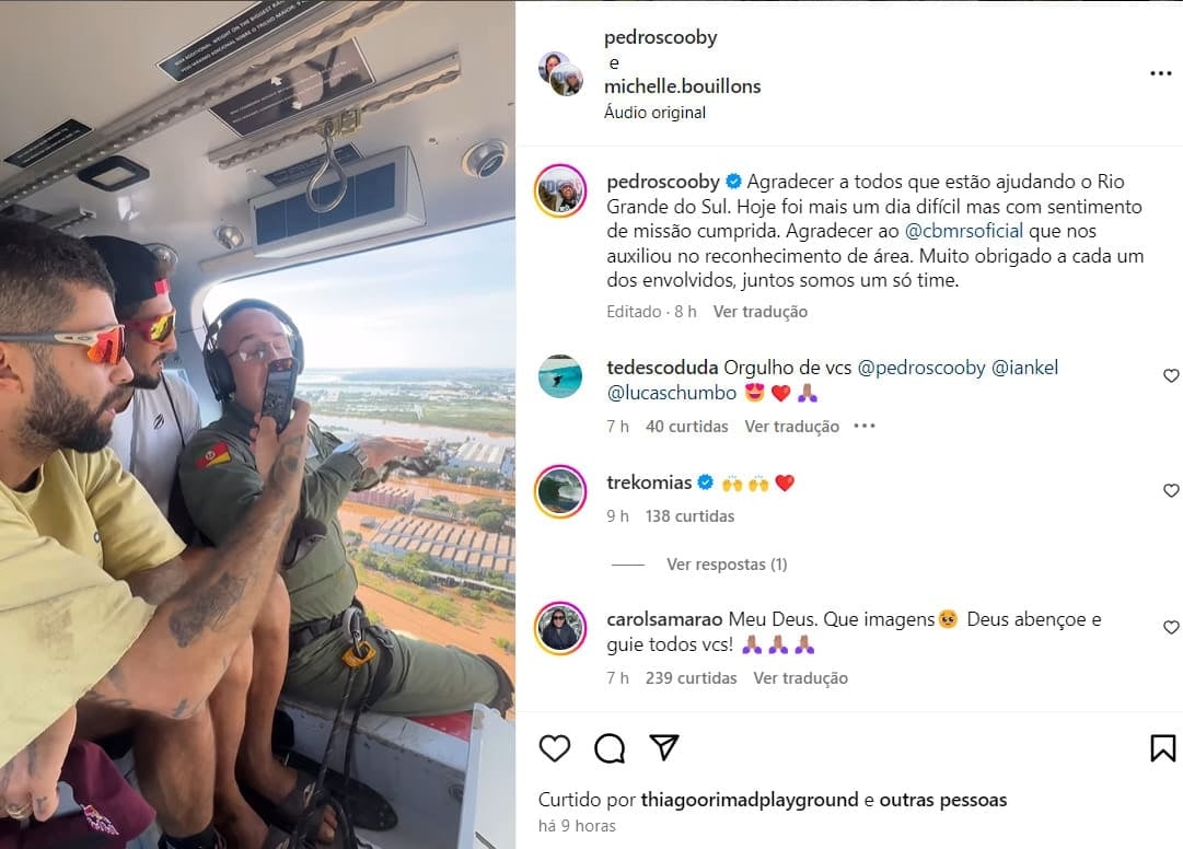 Pedro Scooby também postou foto e mensagem mostrando o sobrevoo em áreas de inundação e agradecendo pelo apoio de bombeiros na missão.  Reprodução: Flipar