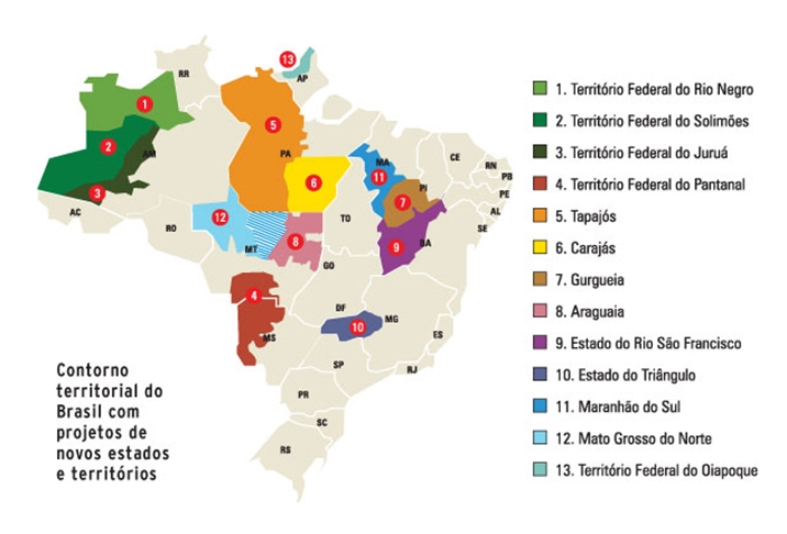 Olha como ficaria o mapa do Brasil se as principais propostas fossem implementadas. O país teria 39 estados, em vez de 26, além do Distrito Federal. Reprodução: Flipar